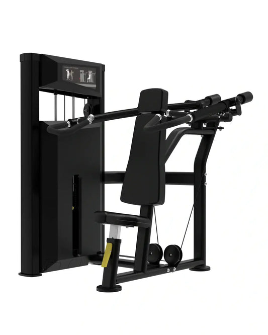 Black platinum series shoulder press machine with adjustable weight stack and padded seat for upper body workout
