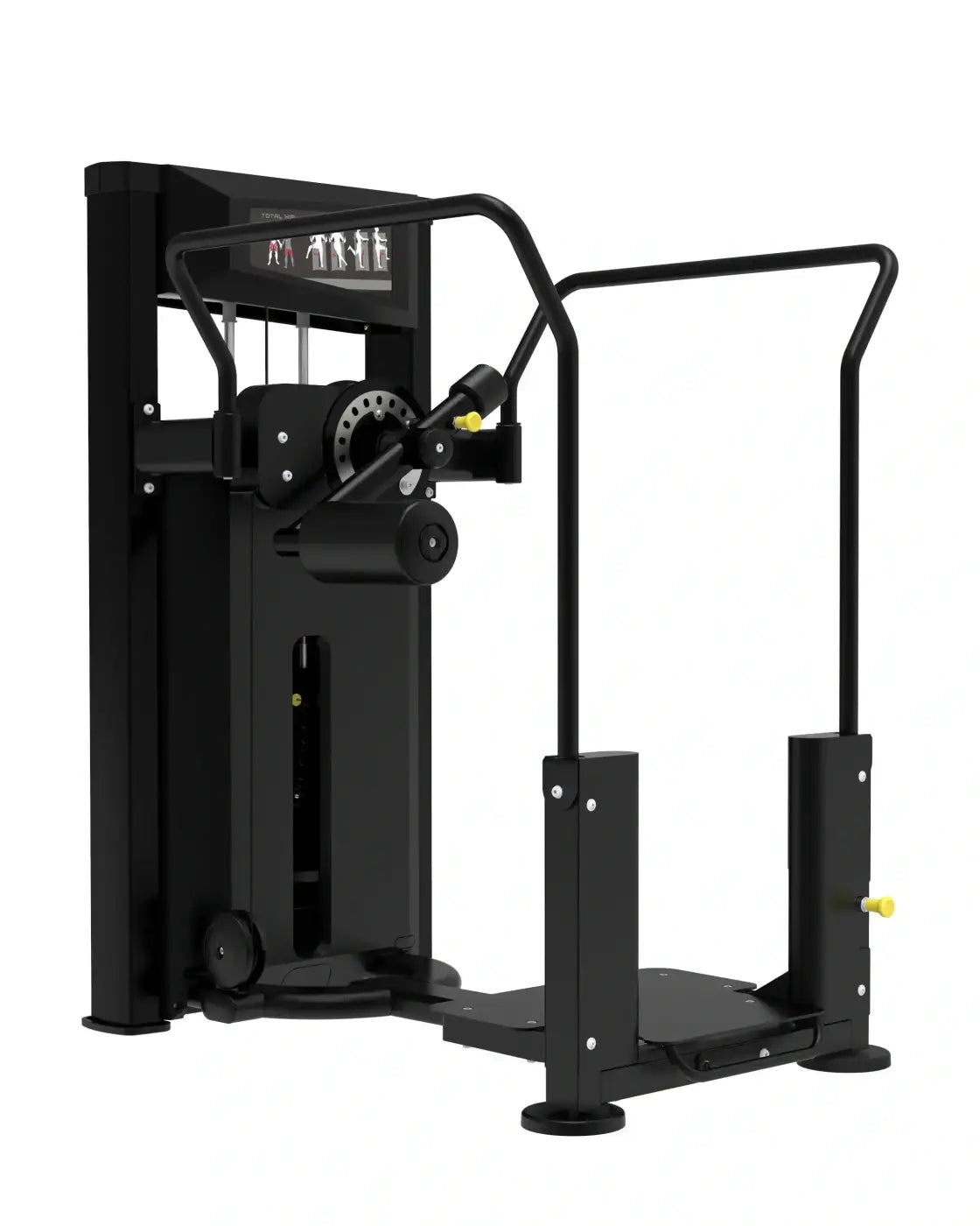 Black metal platinum series total hip gym machine with yellow accents and digital display for home training