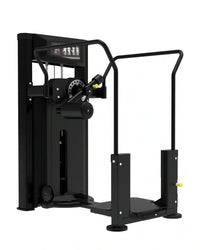 Black metal platinum series total hip gym machine with yellow accents and digital display for home training