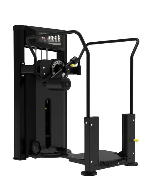 Black metal platinum series total hip gym machine with yellow accents and digital display for home training