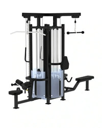 Black metal pro series 4 station multi gym with transparent acrylic side panels and padded bench for home fitness