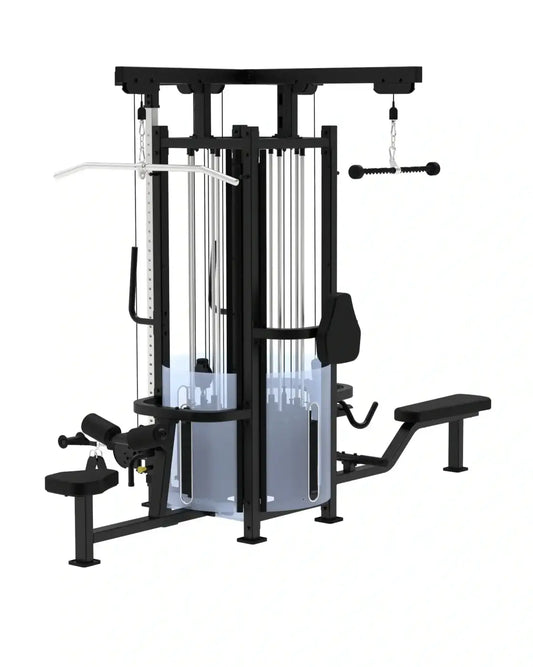 Black metal pro series 4 station multi gym with transparent acrylic side panels and padded bench for home fitness