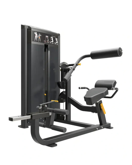 Pro Series ab back home workout machine in black and yellow with padded seat, handlebars, and weight stack mechanism