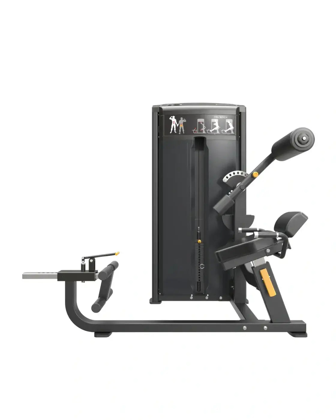 Pro Series black and yellow hamstring curl machine with adjustable weight stack and padded seat for home ab and back workouts