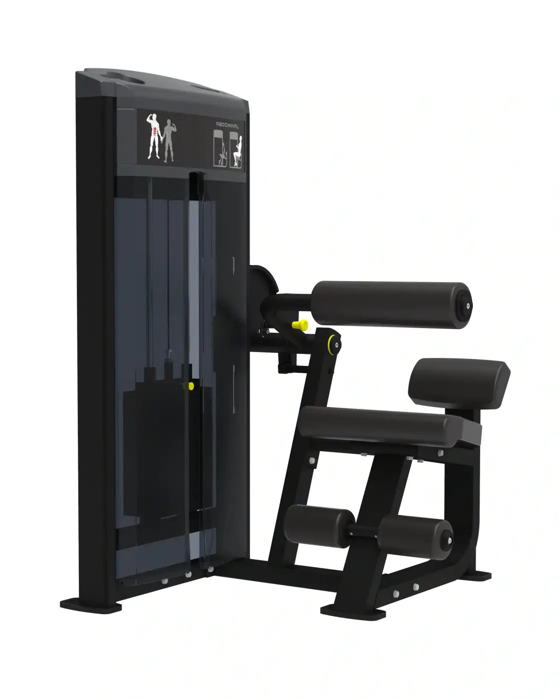 Pro Series black rubber-cushioned seated back extension machine with yellow accents for home fitness abdominal crunch
