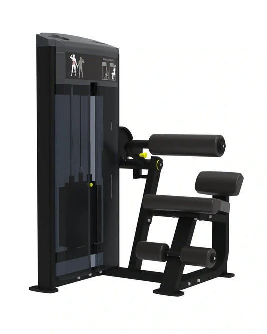 Pro Series black rubber-cushioned seated back extension machine with yellow accents for home fitness abdominal crunch