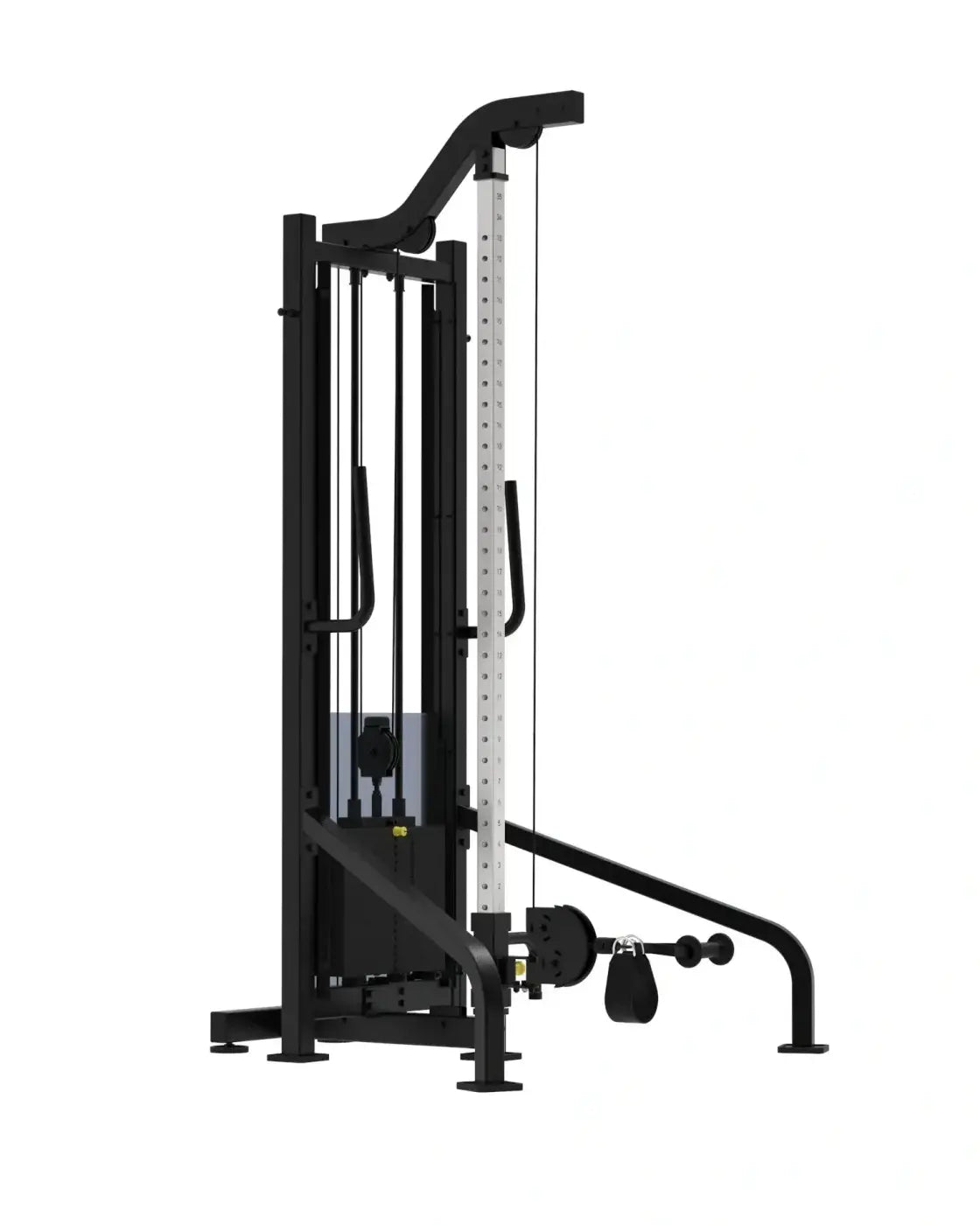 Black metal pro series cable machine with vertical weight stack and adjustable handles in a compact design