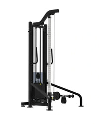 Black metal pro series cable machine with vertical weight stack and adjustable handles in a compact design