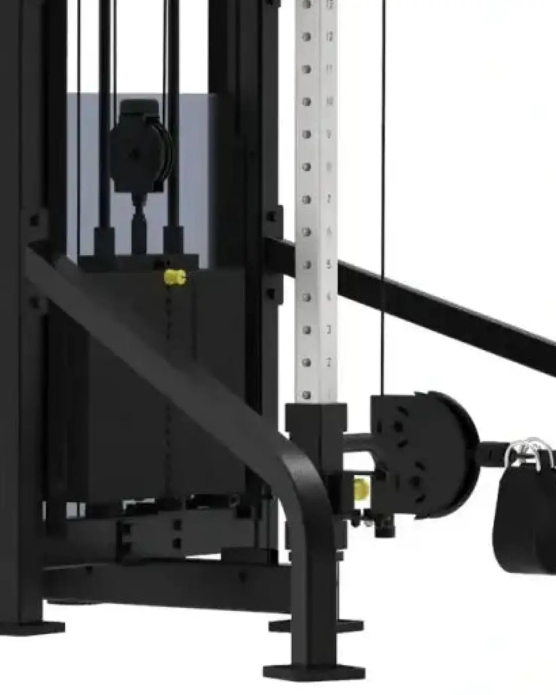 Black metal pro series cable machine with adjustable high low pulley and compact vertical weight stack