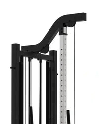 Black metal pro series cable machine with silver weight stack and adjustable high low pulley compact design