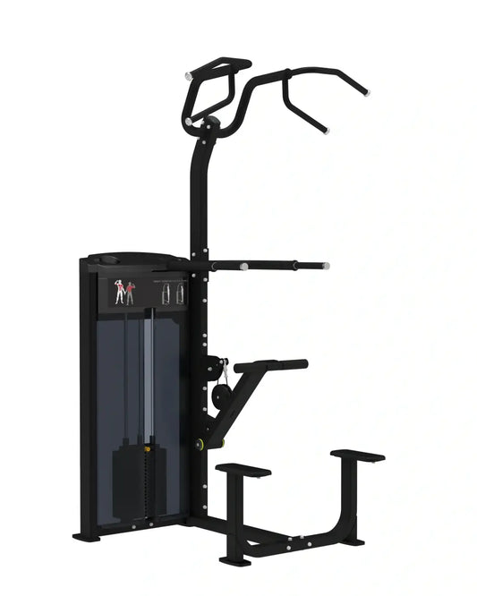 Black metal pro series assisted chin dip station with adjustable handles weight stack and foot platform compact design