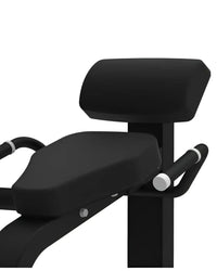 Black padded seat and backrest with white accent handles on pro series back extension for home gyms