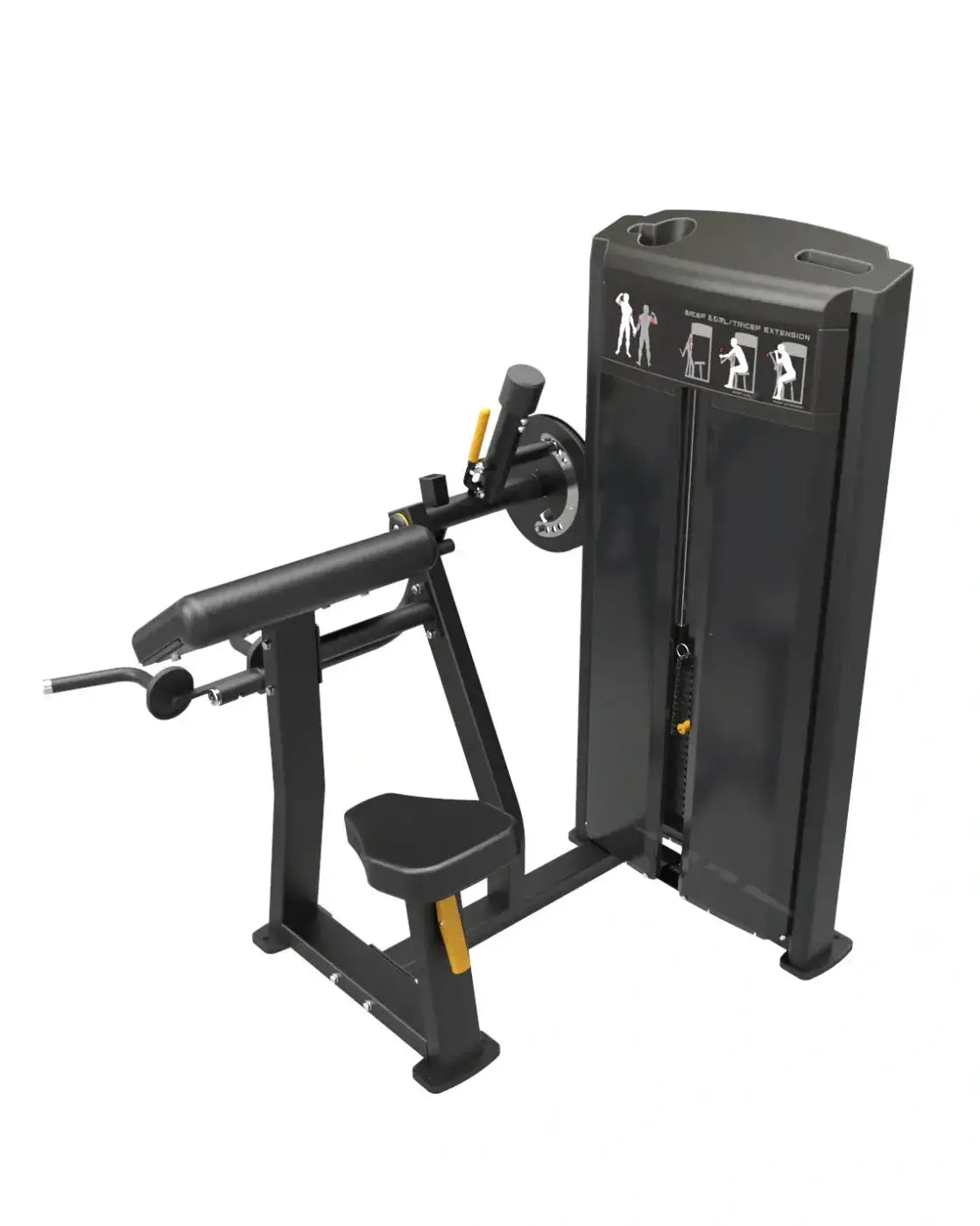 Pro series black metal bicep tricep cable machine with yellow accents and instructional diagrams uk delivery