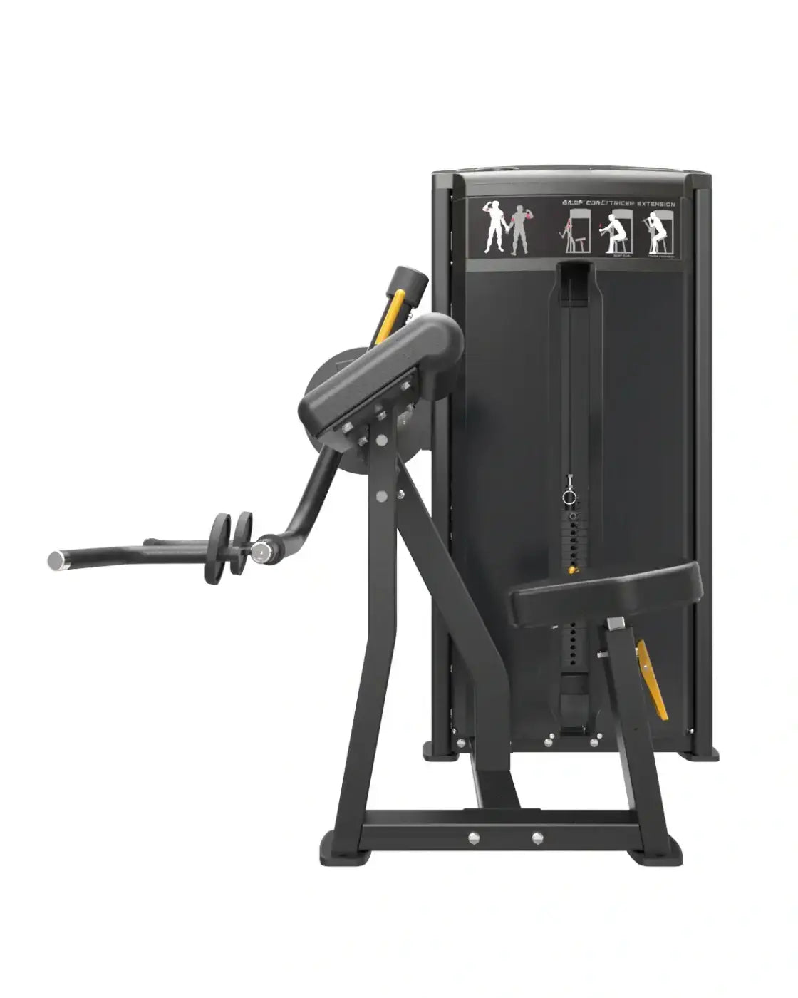 Black metal pro series bicep tricep cable machine with yellow accents and instructional diagrams on back panel uk delivery