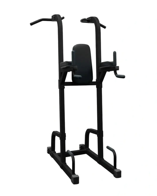 Black metal pro series chin dip knee raise frame with padded seat and adjustable handles for home training