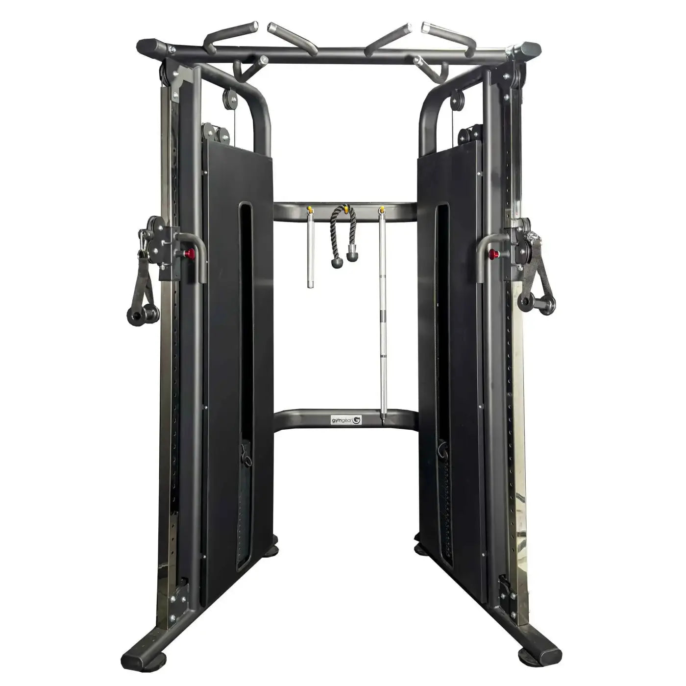 Black metal pro series dual adjustable pulley machine with full shroud weight stacks and multiple attachment points for home fitness