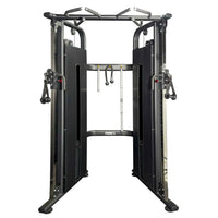 Black metal pro series dual adjustable pulley machine with full shroud weight stacks and multiple attachment points for home fitness