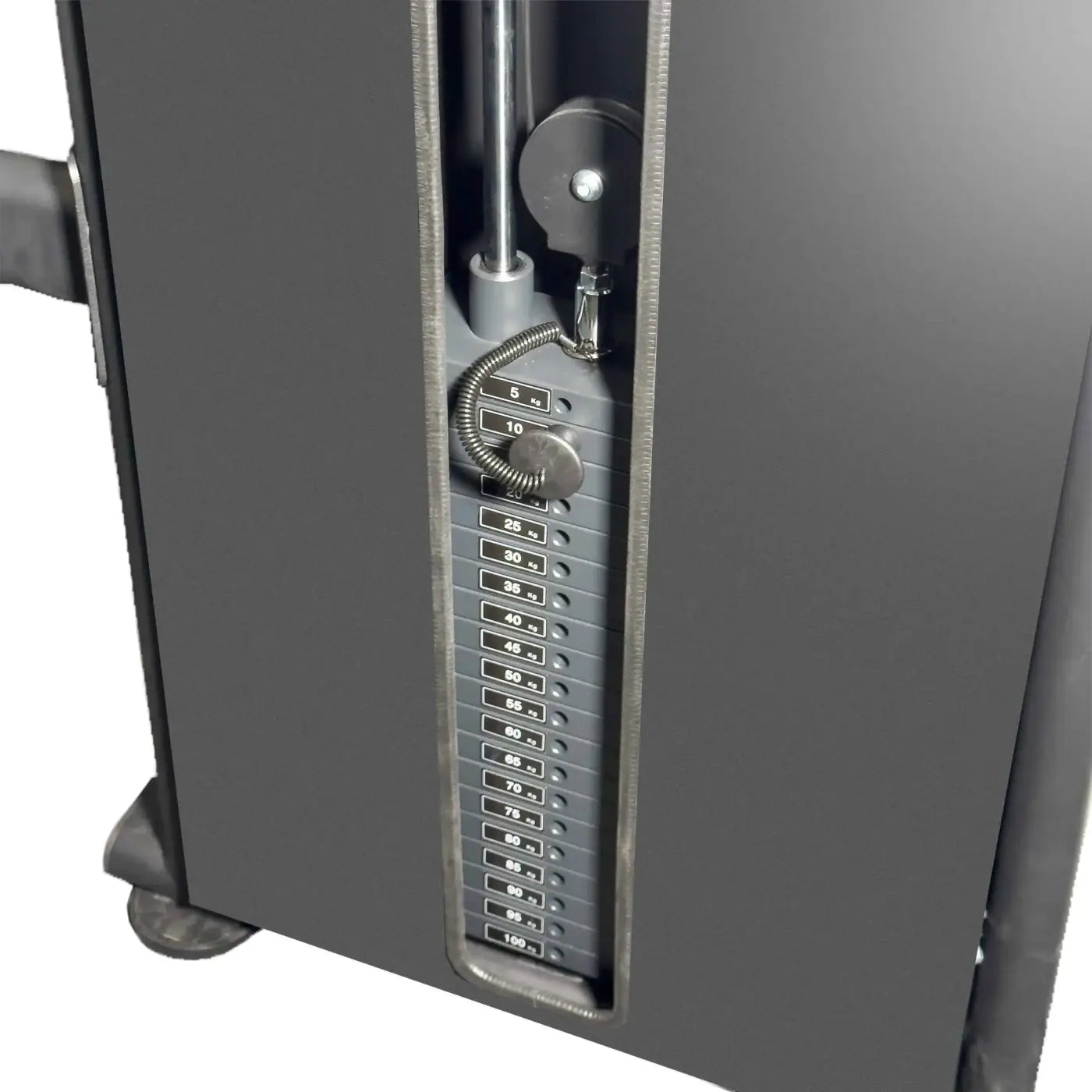 Gray metal weight stack with numbered plates and coiled cable of pro series dual adjustable pulley full shroud for home fitness