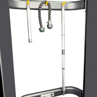 Silver and white pro series dual adjustable pulley cable machine attachment with braided rope handle for home fitness use