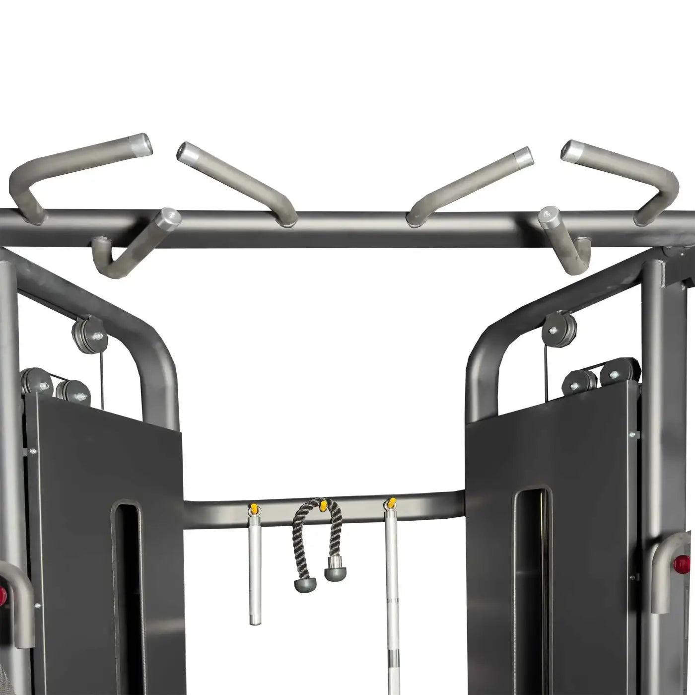 Silver metallic pro series dual adjustable pulley with four curved handles and black cable attachments for home fitness