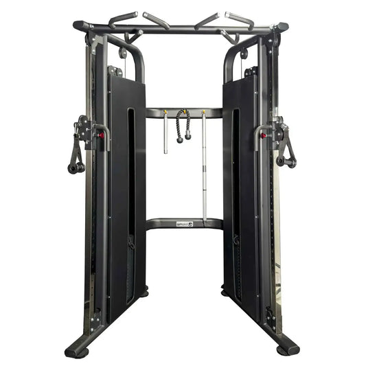 Black metal pro series dual adjustable pulley machine with full shroud weight stacks and multiple attachment points for home fitness
