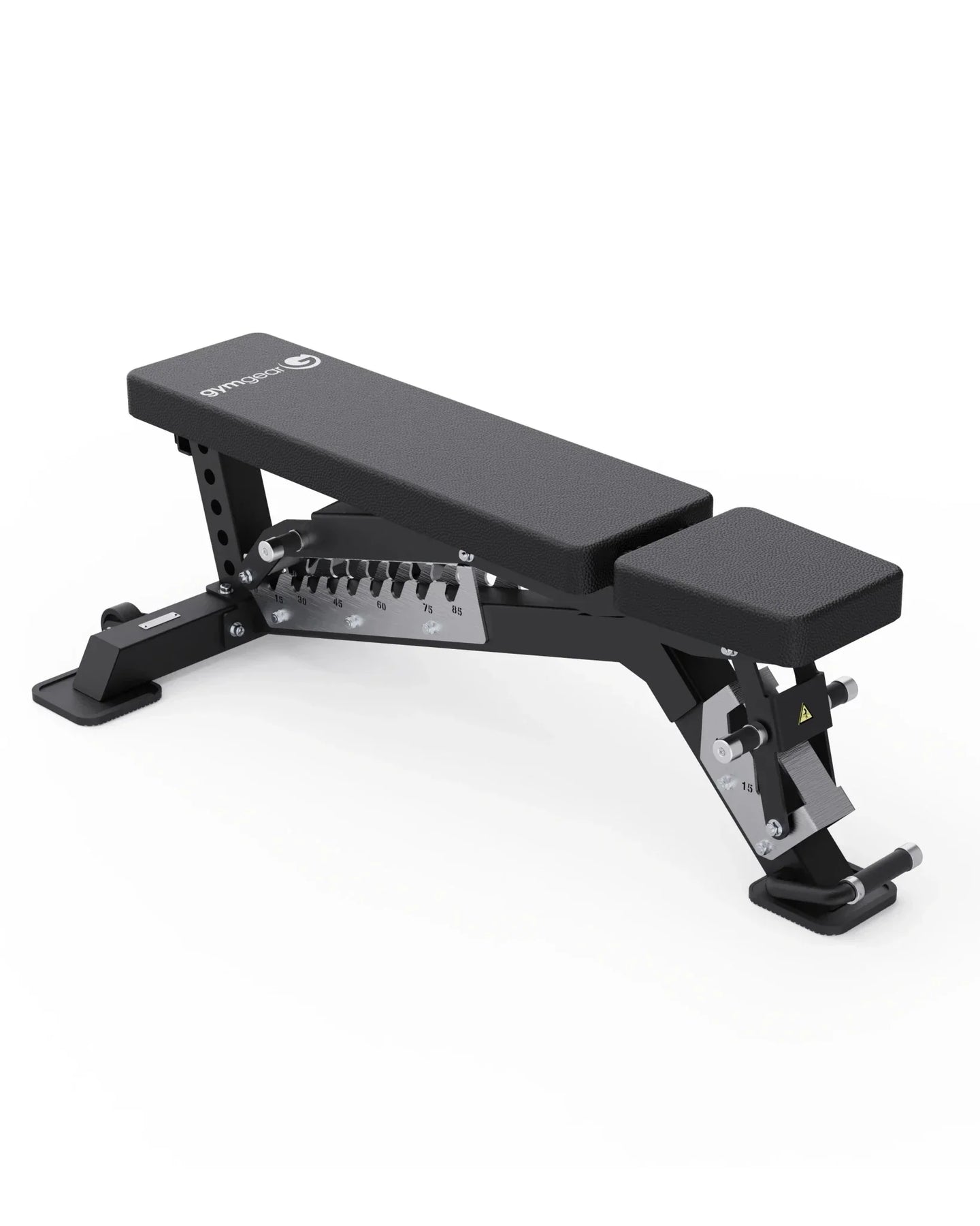 A black adjustable weight bench with silver metal support components, photographed on a clean white background.