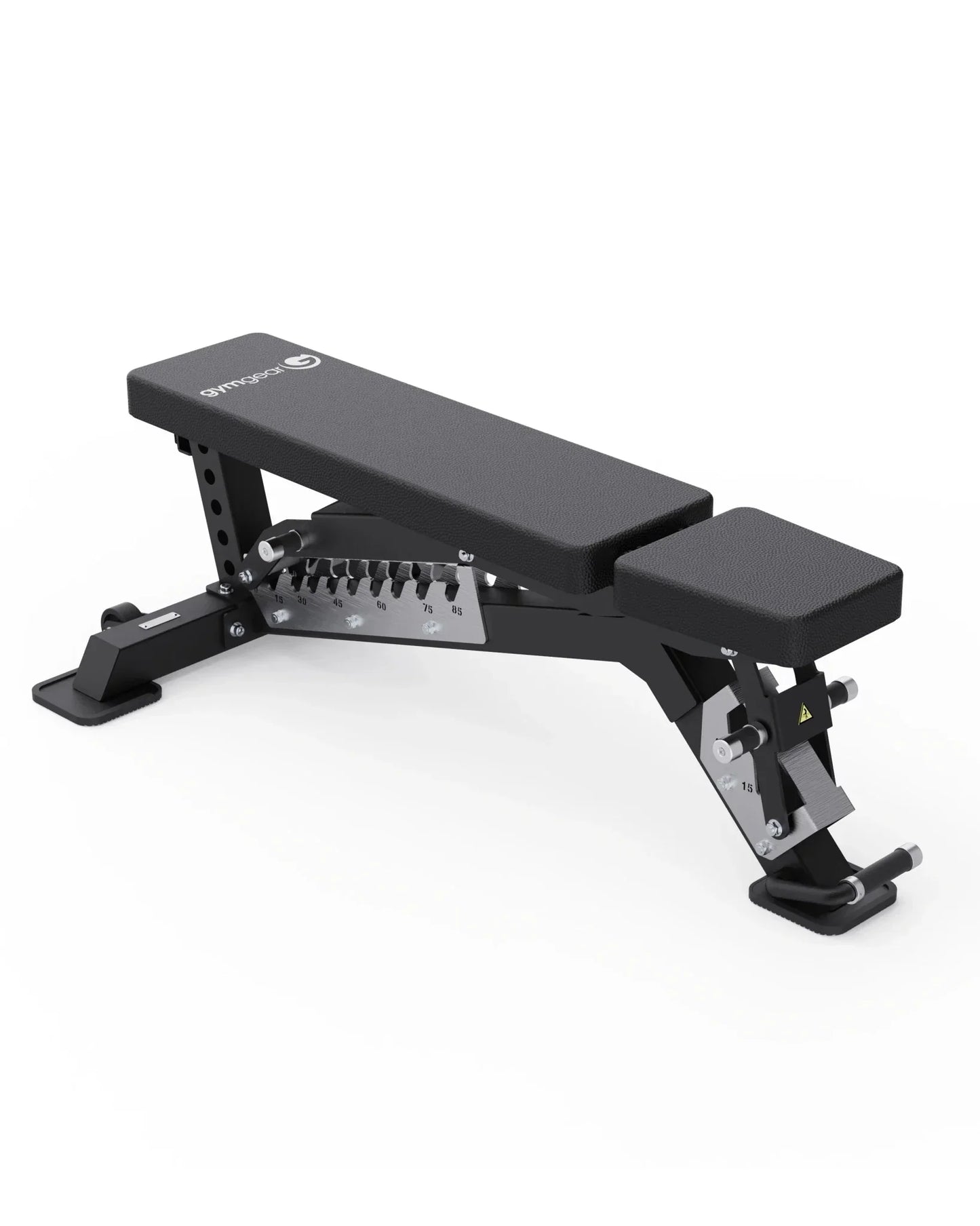 A black adjustable weight bench with silver metal support components, photographed on a clean white background.