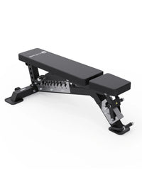 A black adjustable weight bench with silver metal support components, photographed on a clean white background.