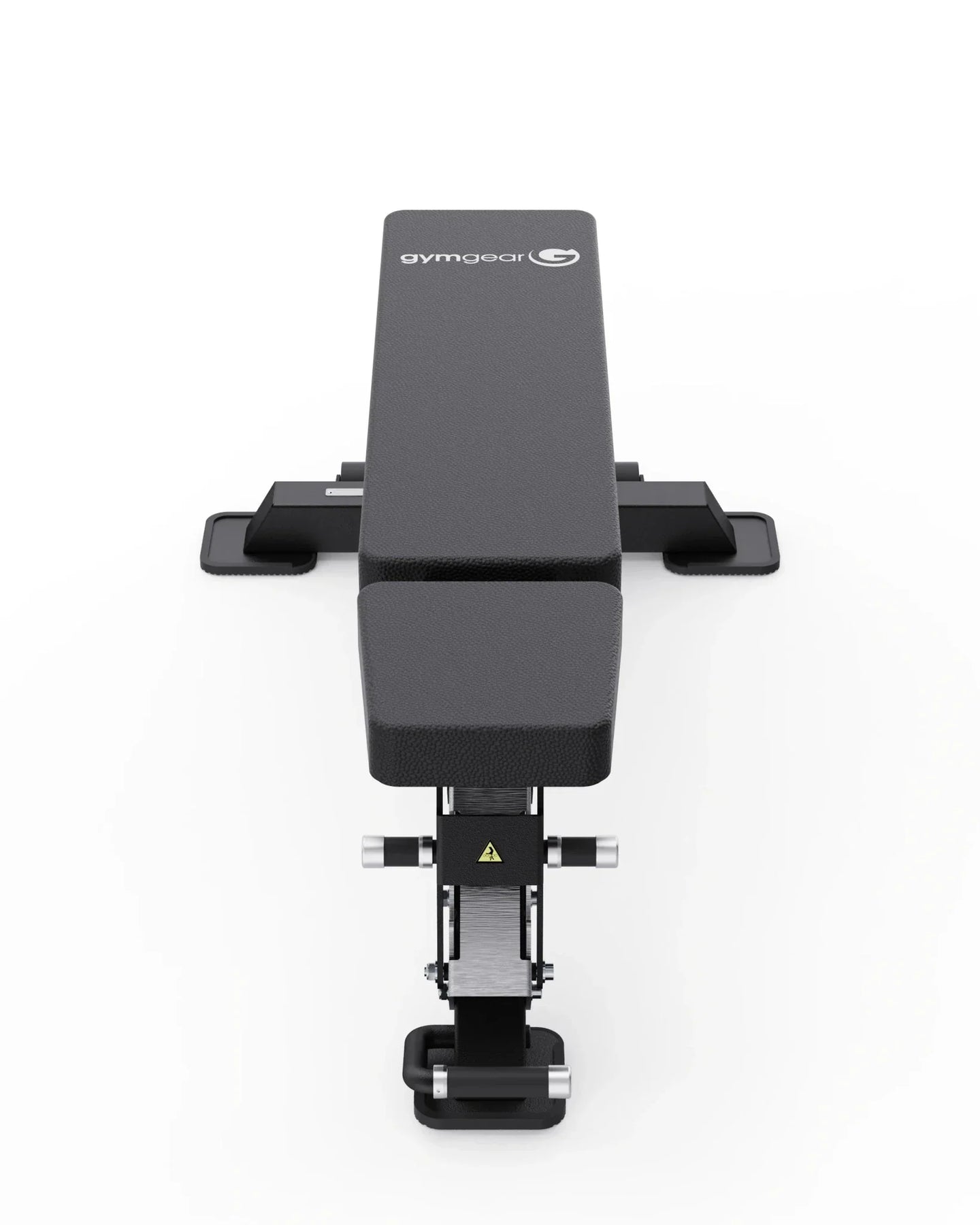 A black adjustable gym weight bench with a white Gym Gear logo on the backrest, shown from a top-down perspective on a clean white background.