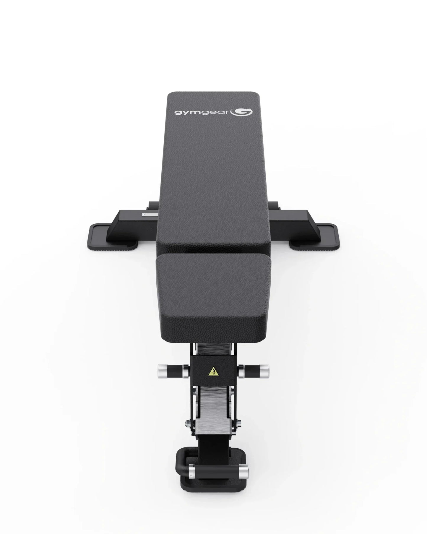 A black adjustable gym weight bench with a white Gym Gear logo on the backrest, shown from a top-down perspective on a clean white background.