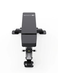 A black adjustable gym weight bench with a white Gym Gear logo on the backrest, shown from a top-down perspective on a clean white background.
