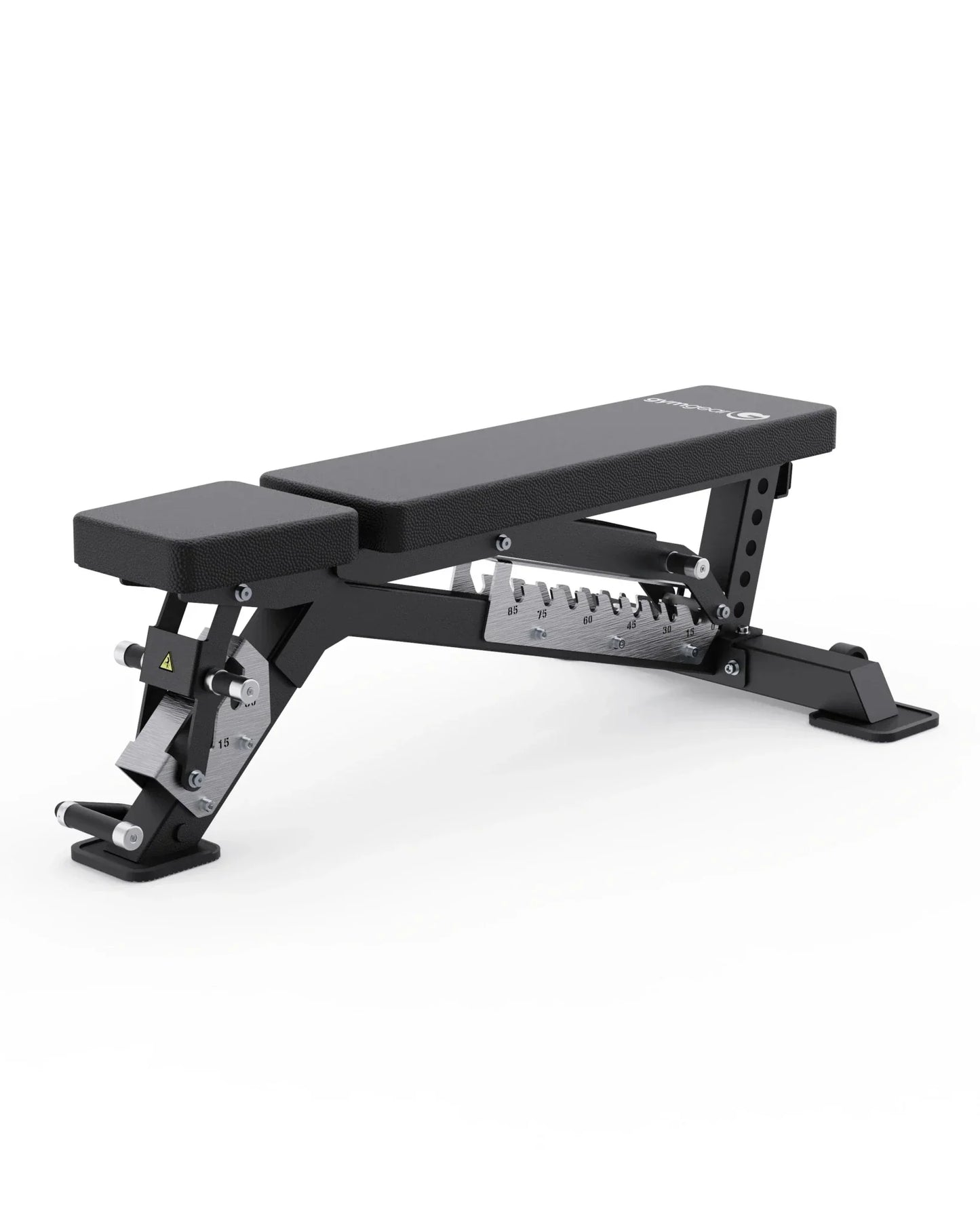 A black adjustable weight bench with a silver metal safety latch and measurement markings, shown on a clean white background.