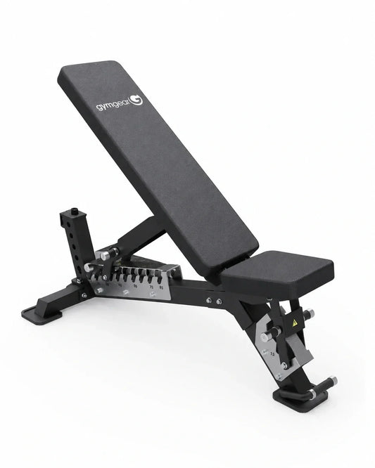 Adjustable weight bench with a black padded backrest and seat on a silver metal frame, photographed on a clean white background. The brand name 'armguru' is visible on the backrest.