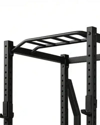 Black metal pull-up bar with horizontal bars and vertical posts on pro series full power rack uk delivery