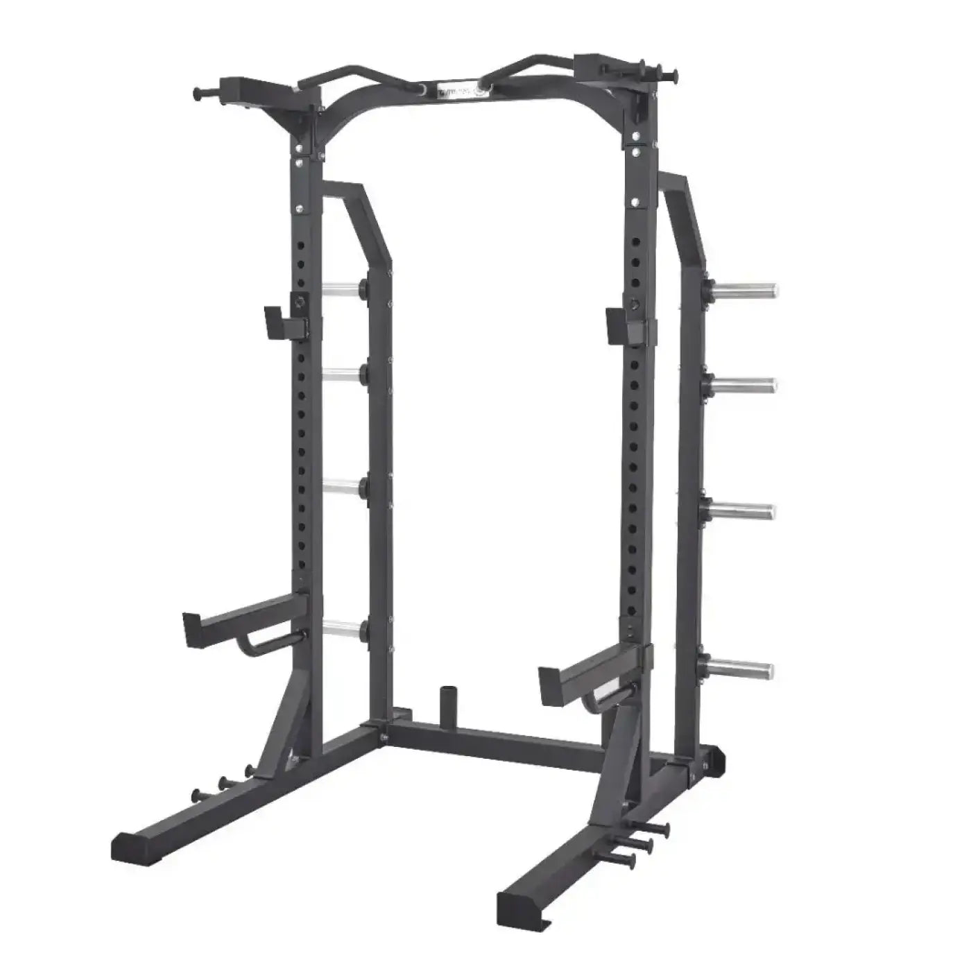 Black metal pro series half rack with adjustable height bars and safety features for home fitness use