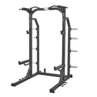 Black metal pro series half rack with adjustable height bars and safety features for home fitness use