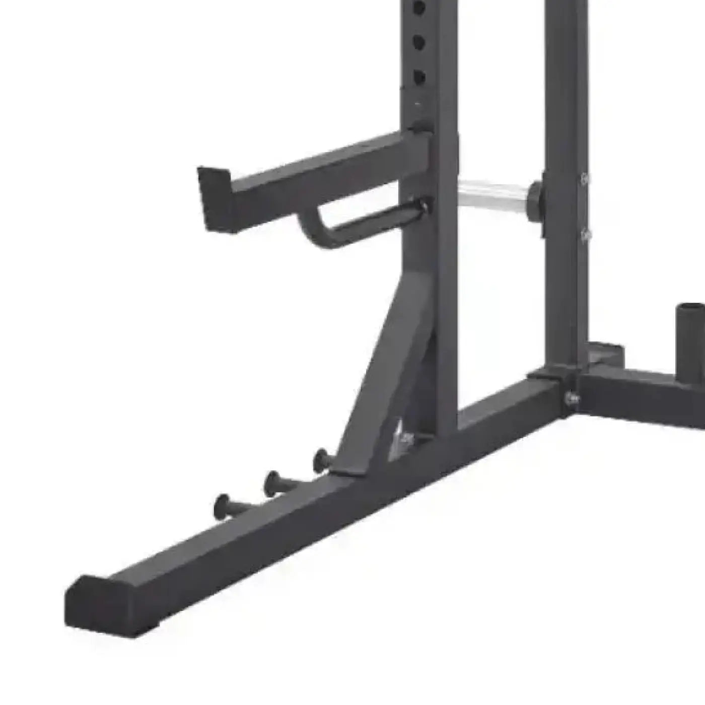 Black metal pro series half rack with adjustable safety bars and weight plate holders for home fitness use