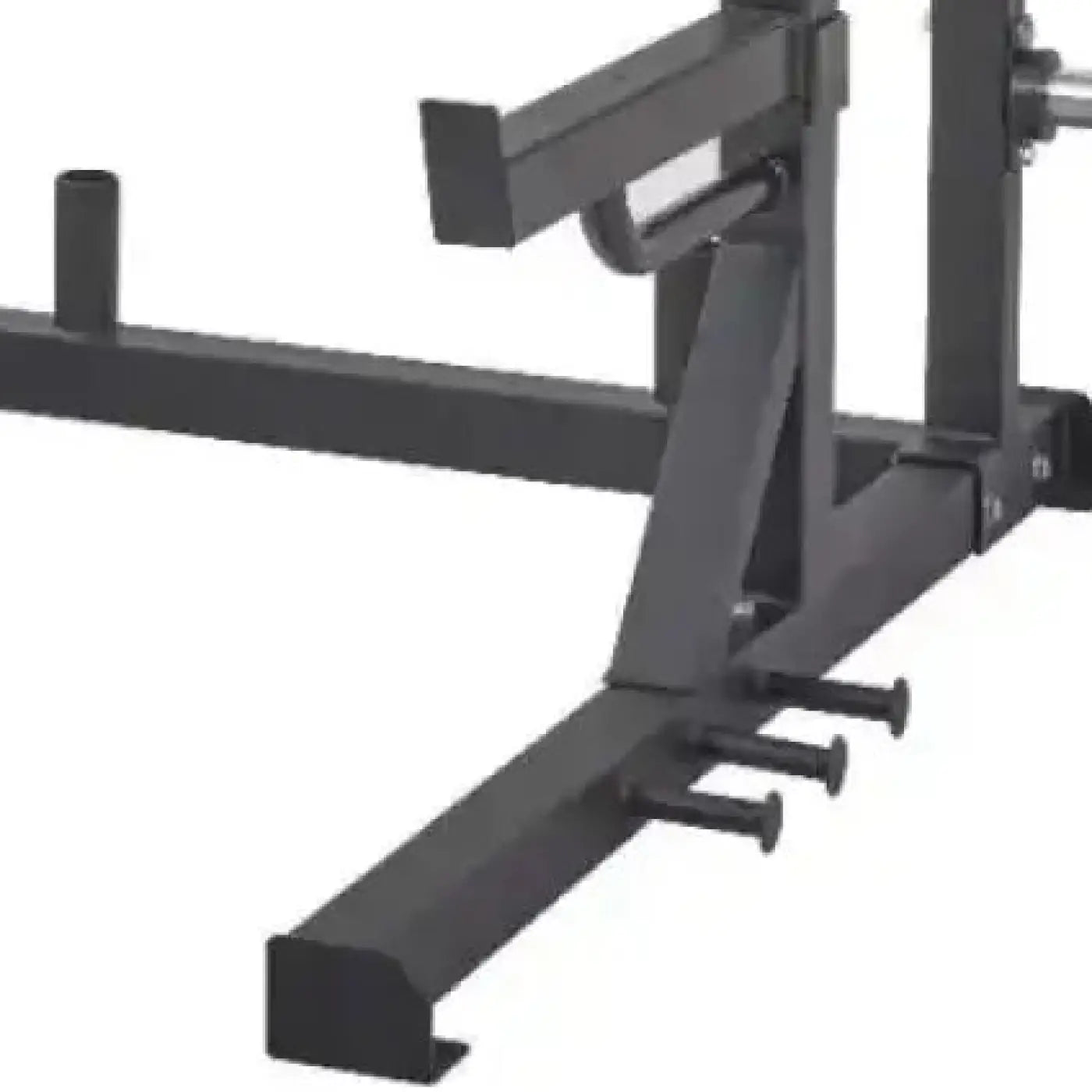 Black metal pro series half rack with adjustable barbell supports and multiple pegs for home fitness use