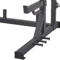 Black metal pro series half rack with adjustable barbell supports and multiple pegs for home fitness use
