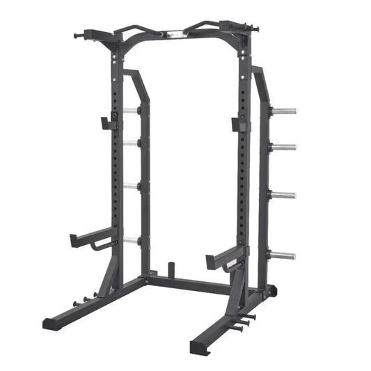 Black metal pro series half rack with adjustable height bars and safety features for home fitness use