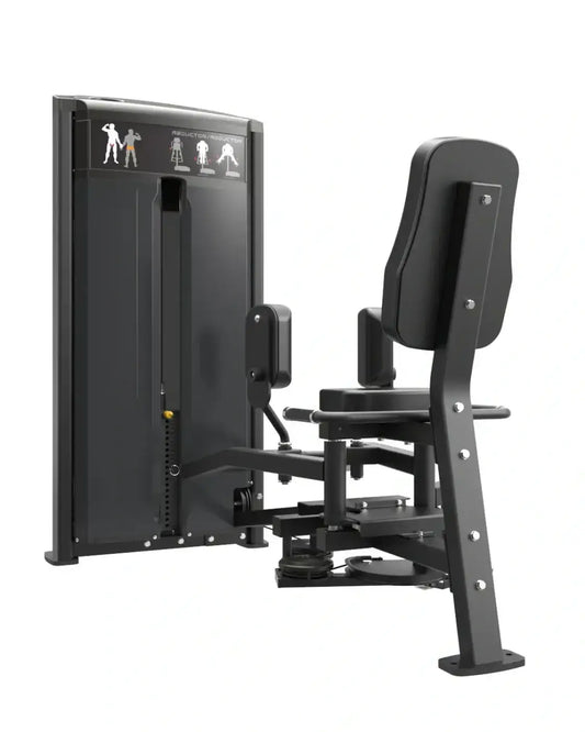 Black metal and plastic hamstring curl machine with adjustable weight stack from the Pro Series inner outer thigh home workout
