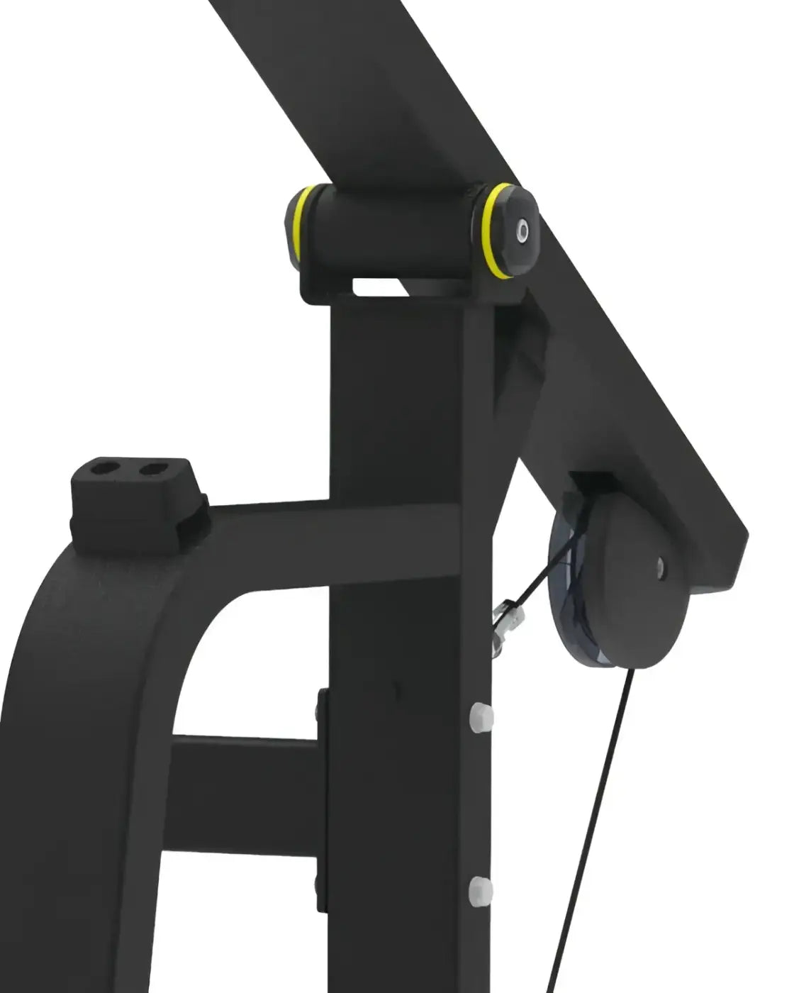 Black metal pro series lat pulldown fixed machine with yellow pulley system and adjustable weight stack for home gyms