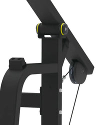Black metal pro series lat pulldown fixed machine with yellow pulley system and adjustable weight stack for home gyms