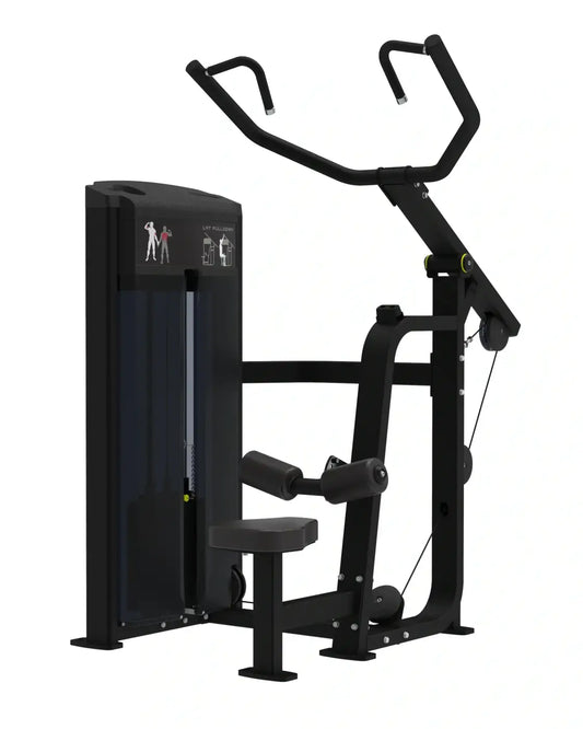 Pro series lat pulldown fixed black metal cable machine with adjustable handles and padded seat for home gyms