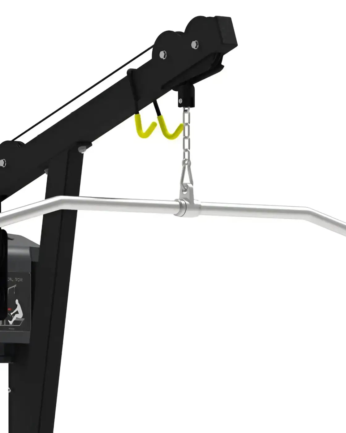 Pro series lat pulldown low row machine in black and silver with yellow spring attachment and chain mechanism for home fitness