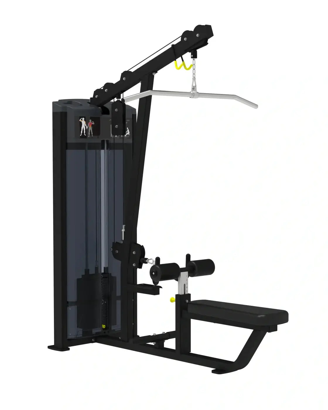 Pro series black metal lat pulldown low row machine with padded bench and yellow accent hooks for home fitness