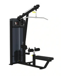 Pro series black metal lat pulldown low row machine with padded bench and yellow accent hooks for home fitness