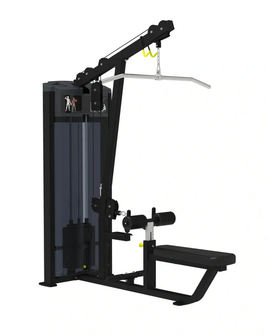 Pro series black metal lat pulldown low row machine with padded bench and yellow accent hooks for home fitness