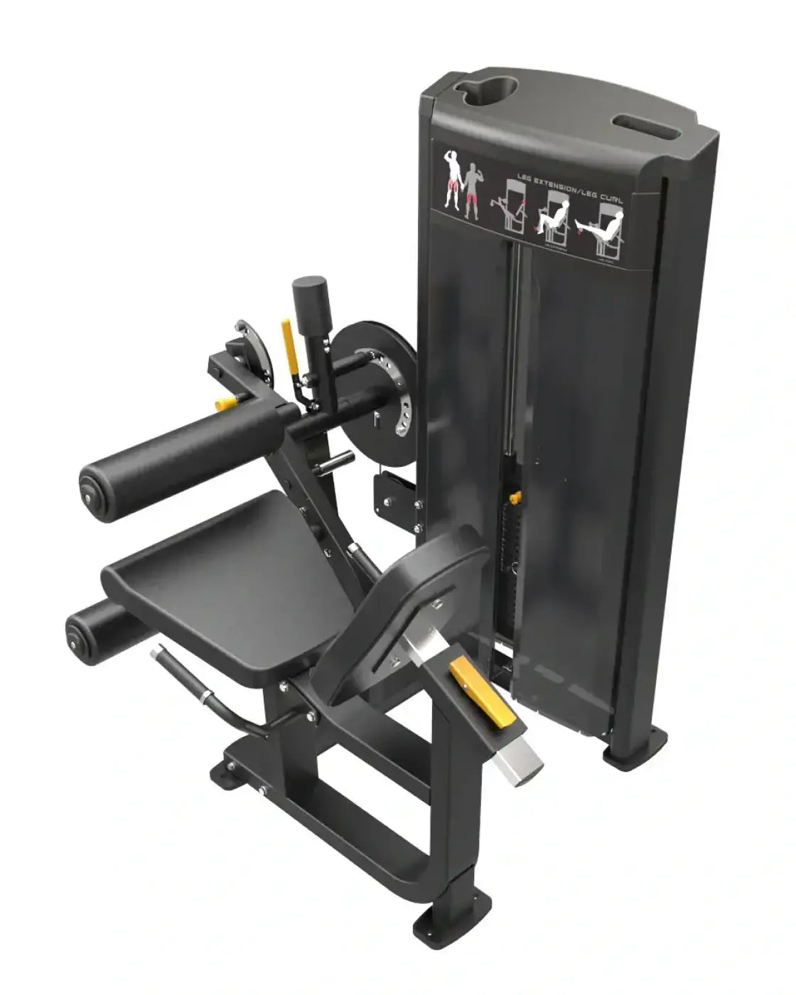 Pro series leg extension leg curl machine in black metal with yellow accents and instructional diagrams for home fitness use