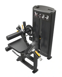 Pro series leg extension leg curl machine in black metal with yellow accents and instructional diagrams for home fitness use